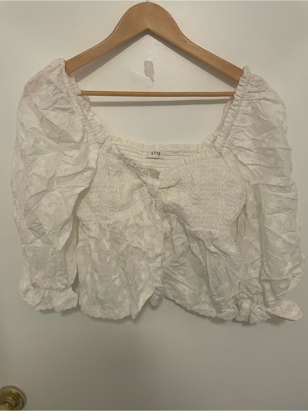 Storia White Eyelet Smocked Puff Sleeve Top